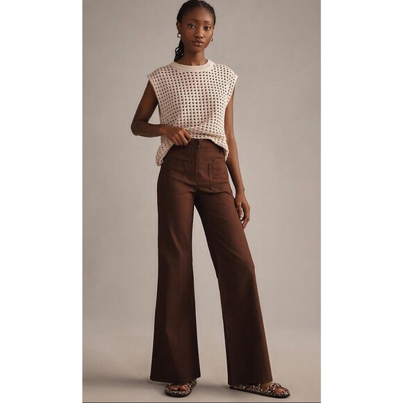 Anthropologie Maeve Women's Brown Junie Wide-leg Flared Boho Trousers Sz 32T New - Picture 1 of 13